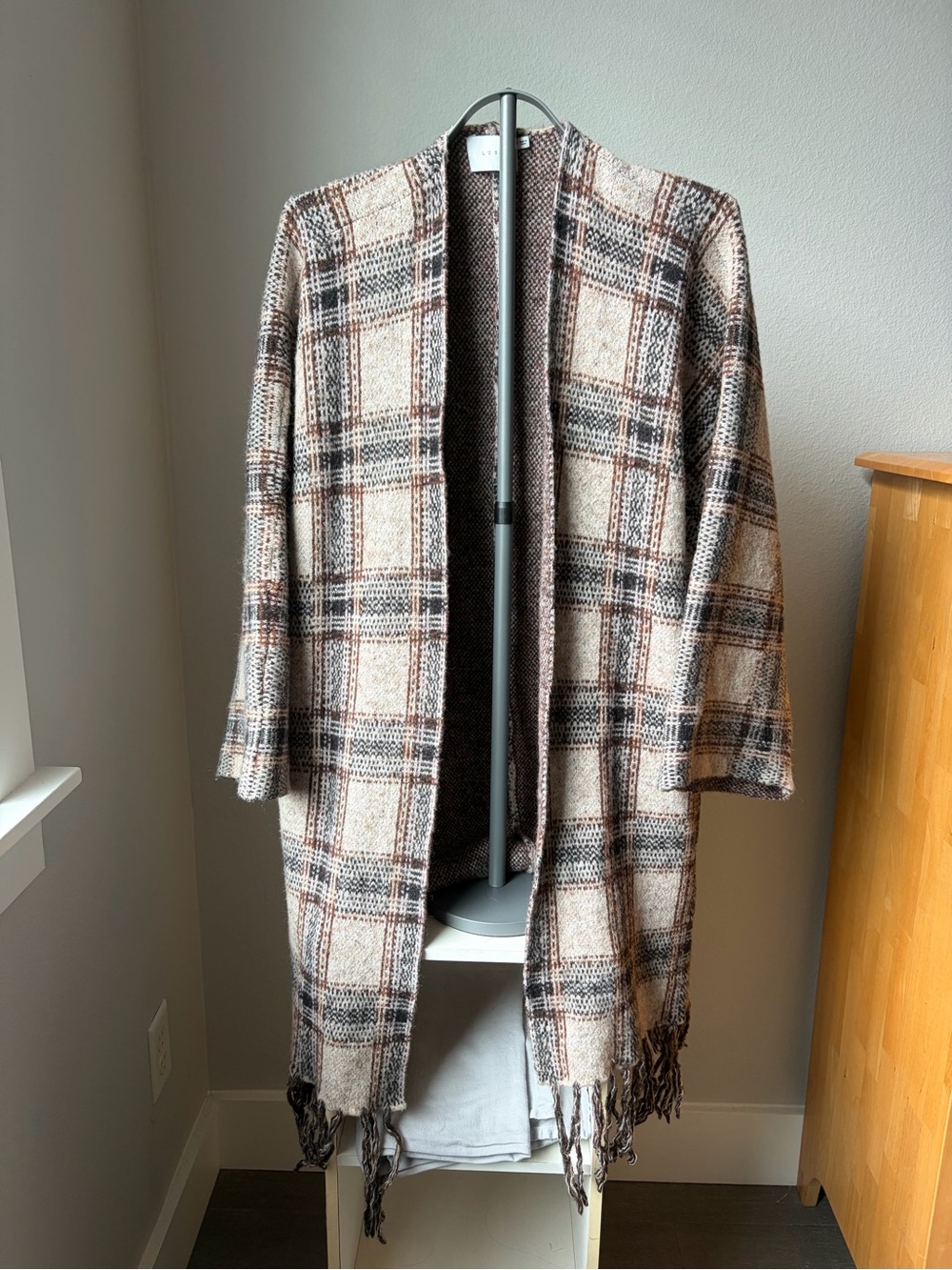 Lush Brown and Ivory Plaid Fringe Open-Front Cardigan